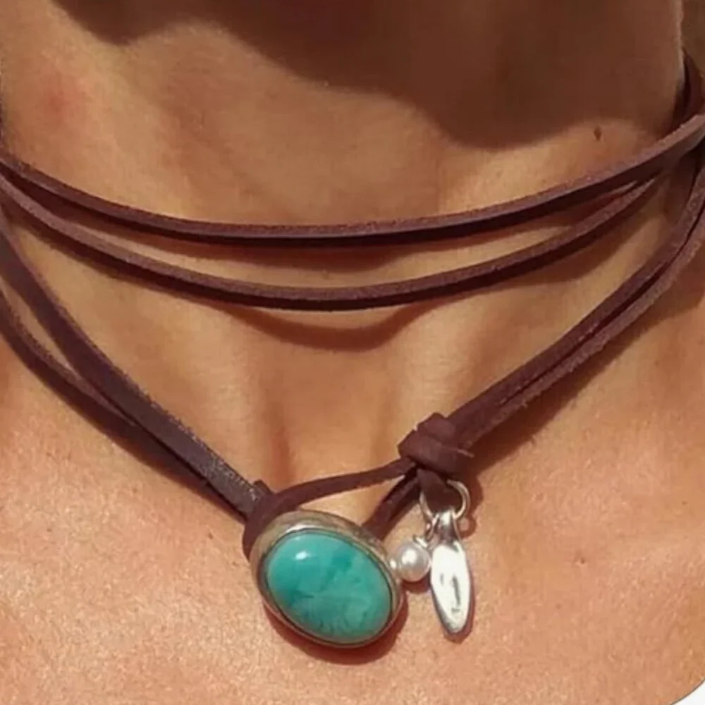 Boho Vintage Turquoise Pendant Choker, Bohemian, Vacation, Leather Cord